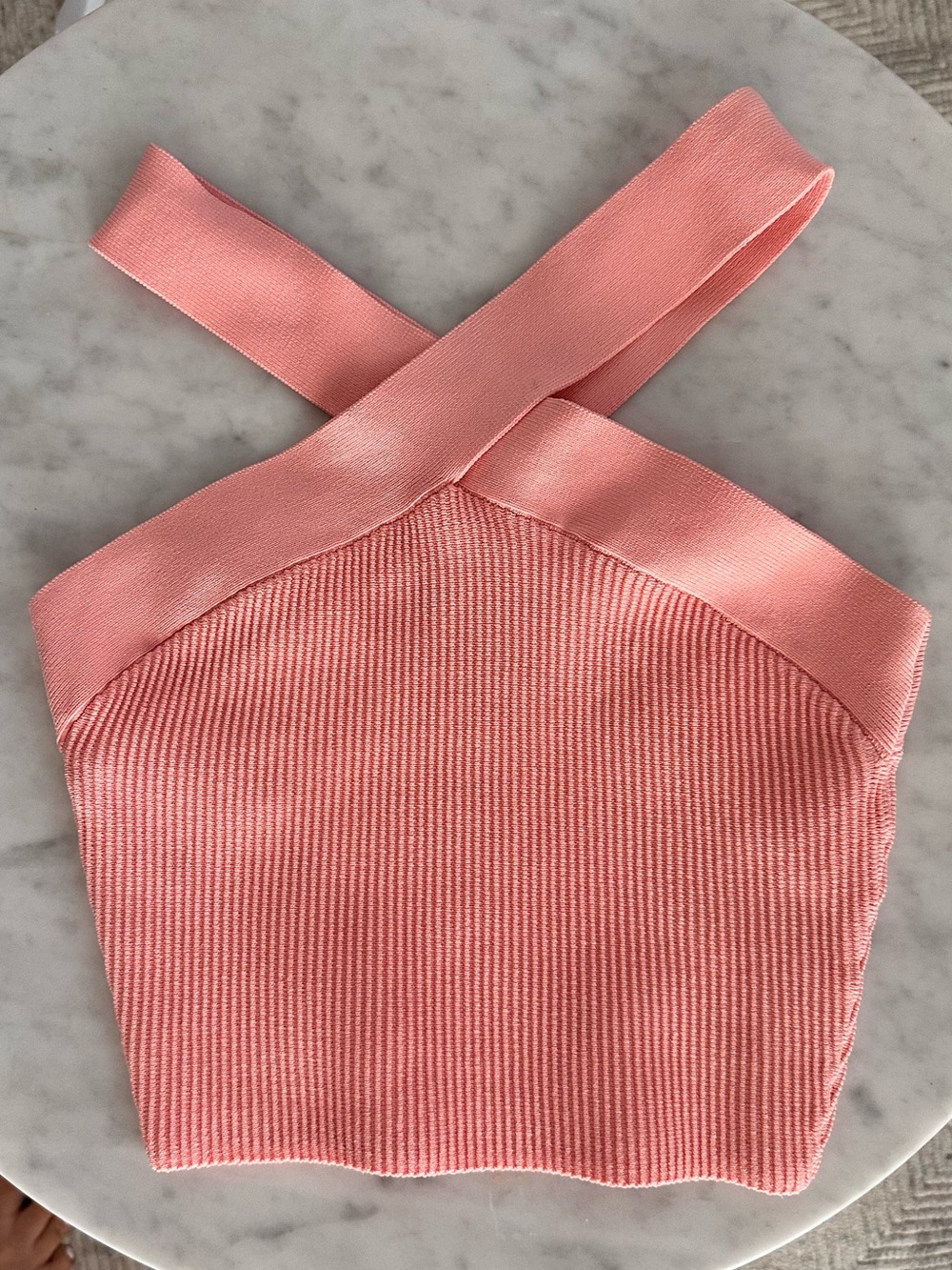 Babaton Coral Pink Ribbed Cross-Strap Crop Top